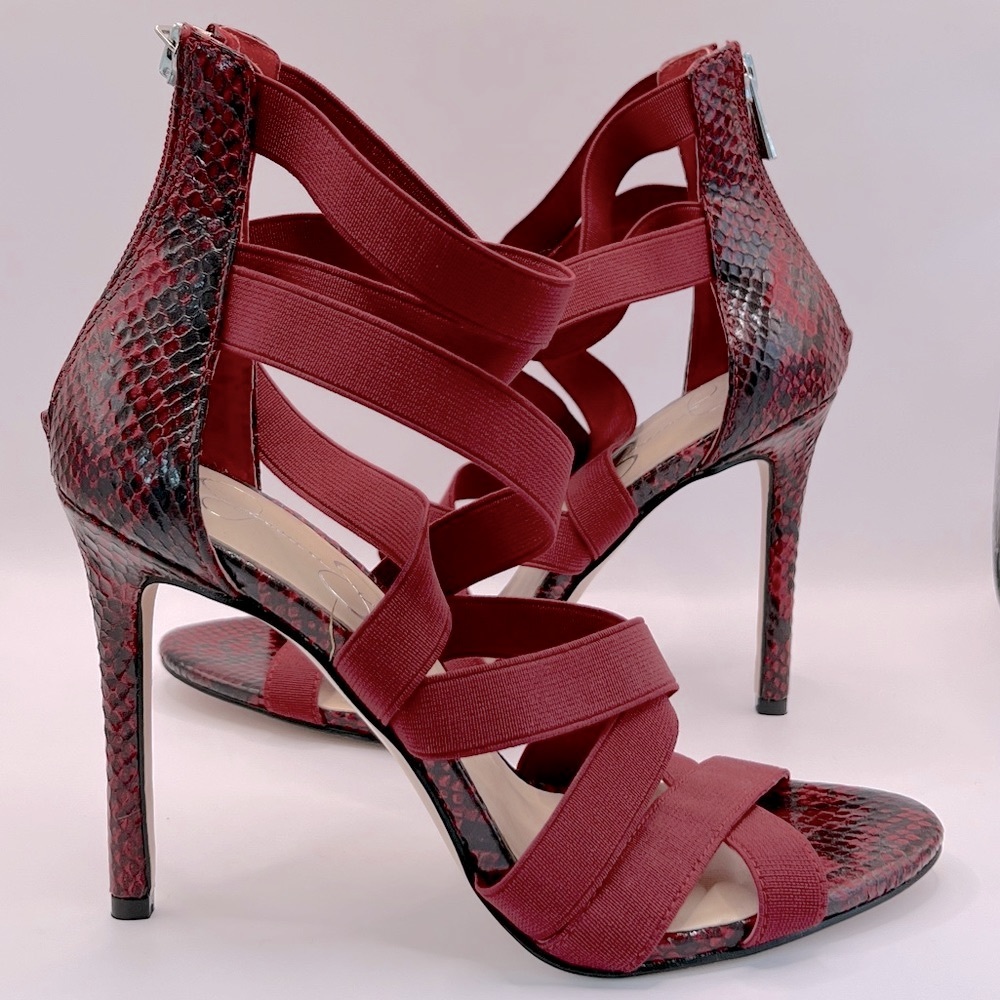 NEW Jessica Simpson Jyra JS-JYRA Caged Stilleto Sandal Red Snakeskin 7.5